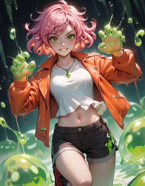 score_9, score_8_up, score_7_up, punching, sexy, cowboy shot, light smile, wide shot, aura, dynamic pose, short hair, pink hair, wavy hair, green eyes, orange jacket, (white shirt:1.1), navel, green pendant, (red baggy shorts:1.1), oversize clothes, cute, ...