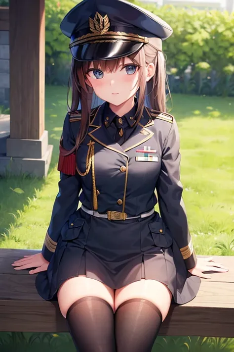 girl, military general clotches, sitting