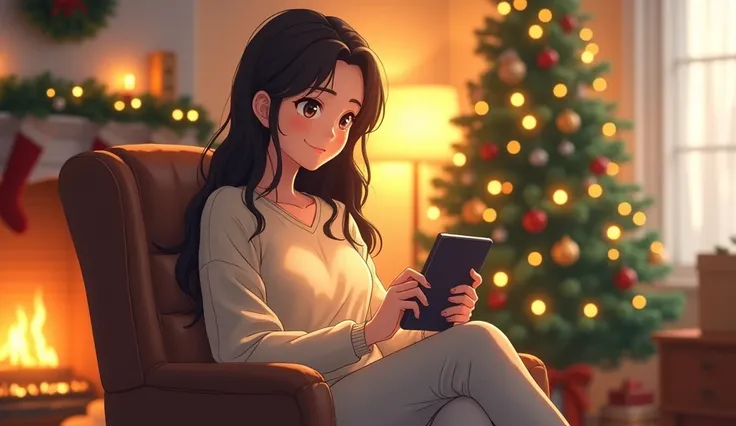 anime style:
 cozy, well-lit living room with neutral colors and comfortable furniture, accented with Christmas decorations. The young woman, with long, wavy hair and a friendly, inviting smile, is sitting on a wooden armchair with a tablet or smartphone i...