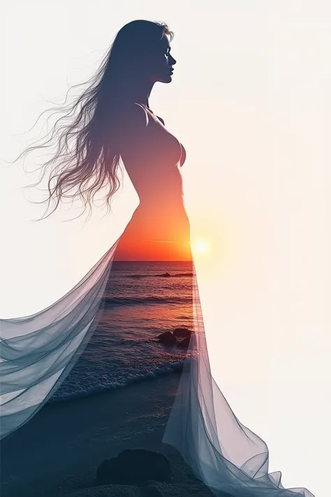 high quality, 8K Ultra HD, A beautiful double exposure that combines an goddess silhouette with sunset coast, sunset coast should serve as the underlying backdrop, with its details incorporated into the goddess , crisp lines, The background is monochrome, ...