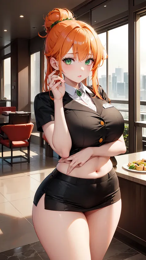 1girl “"Giant breasts" + "large rear" + "wide hips" + " tiny waist" + "plump thighs" + "green eyes" + "orange color hair in a bun" + {“Outfit: Five star hotel receptionist uniform. Luxury hotel reception background