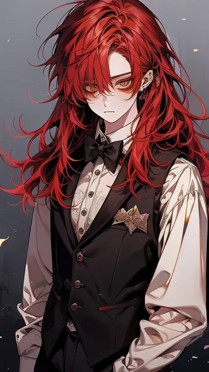 ((8k, masterpiece, high quality)) 1boy, young male, beautiful boy, solo, red hair, very red hair, long hair, shaggy hair, yellow eyes, white skin, standing still, highly detailed, digital photography, artistic gem, skinny, shirts, vest, black tie