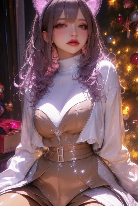 Cat ears、white thick turtleneck 、 beige fluffy flared skirt、reading、  attractive,  pretty girl, ((  fine facial features , makeup、 eroticism)),  Dramatic Lighting  ,  realistic , 8k, Dramatic Shadows ,  intricate and elaborate patterns  ,  super detailed p...