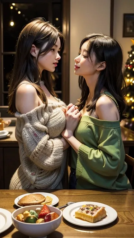 (  masterpieces during breakfast , top quality,  top quality,  official art, beautiful、 and aesthetic:1.2),( two girls、キスをしている two girls:1.5)、Japanese women and American women, night、 Christmasのイルミネーション、Sendai Pageant of Light 、(( Christmas))、大きな Christmas...