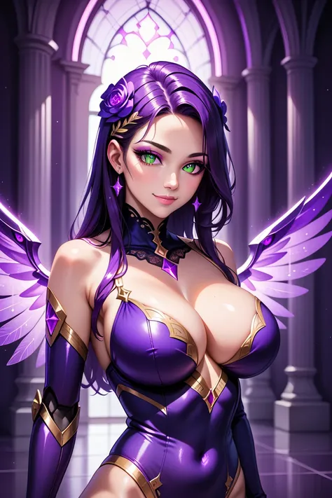 1girl, seductive smile, half-closed eyes, cyborg girl, huge breast, looking at viewer, ceramic body, profile, eyeshadow, smooth wall with reflection, purple long hair, green eyes, ceramic arms, embossed decoration on body, smooth surface, reflection on bod...