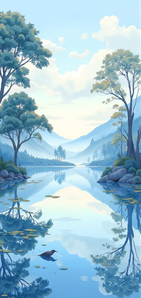 (masterpiece:1.2,Outstanding quality,Mirror finish, Best Illustration ),8k,16k,wallpaper,(Quiet Lake),(morning haze),(Quiet Lake畔の森の影),(A cuckoo is croaking ),(Watercolor),( Dynamic ),( beautiful gradation),(Tranquility VFX )