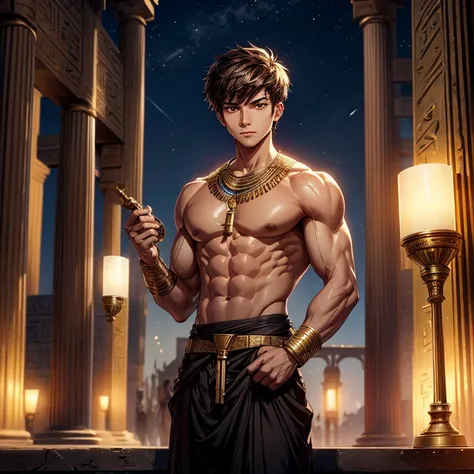 Young man, short hair,  brown eyes , Lean body,  defined muscles ,  toned body ,  Egyptian priest ,  Egyptian clothes , night temple ,  outdoor, night, take the key,  holding a gold censer