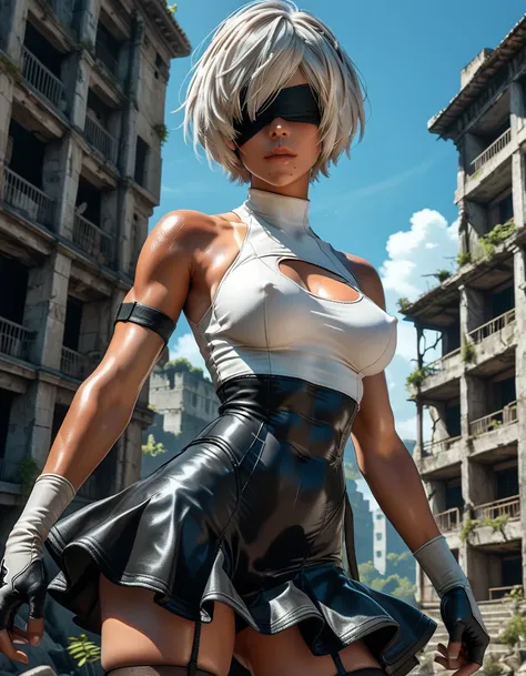 1woman, ((2B)),(Nier Automata 2B), white hair, blindfold over eyes, (ultra-detailed face), accurate face, ((black) tomboy style skirt:1.24), ((open-sided) leotard under skirt:1.39), (high side slits in skirt), sleeveless, black over-elbow gloves, opaque pa...