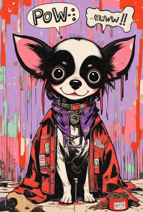   A chihuahua with an adorable face says 「Pow wow 」,black,white, purple ,red, surreal collage,a contemporary artistic collage,collage artwork,  the jacket on the new album  ,  Great Job  !! ,digital collage、(collage ),collage art,contemporary collage,mixed...