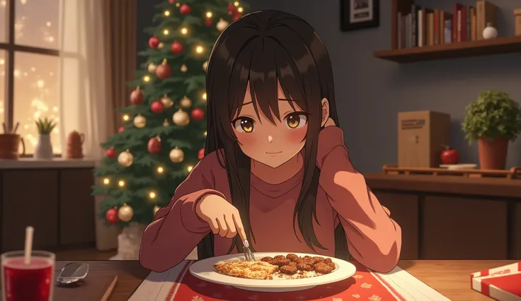 anime style:
A young woman is sitting at a table, a half-eaten plate of food in front of her. She picks at her food, her appetite diminished by her low mood. The festive decorations around her seem out of place, a stark contrast to her inner turmoil.

 Enh...