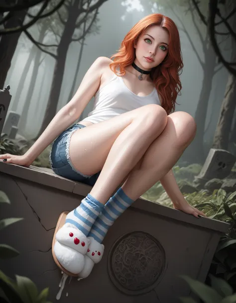 Trending photo, dynamic composition, bottom view angle, rule of thirds. Dark souls realistic photo. Cute girl, pale skin girl, petite short, skinny girl, wavy orange hair, long-length hair, soft skin. Wet skin. Blush, shy face expression, horny, green eyes...