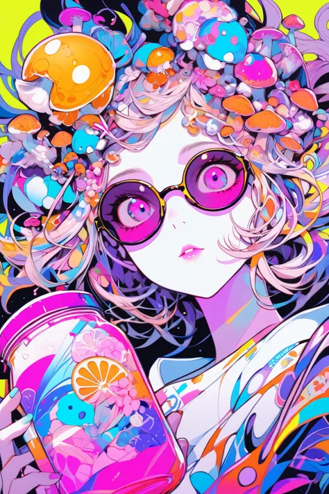  touch of Eguchi Hisashi. A cool and cute anime style illustration of a woman looking forward and looking up. drinking a kombucha through a straw He has beautiful eyes and thin sunglasses. Her hair is black and decorated with mushrooms and zetas, the woman...