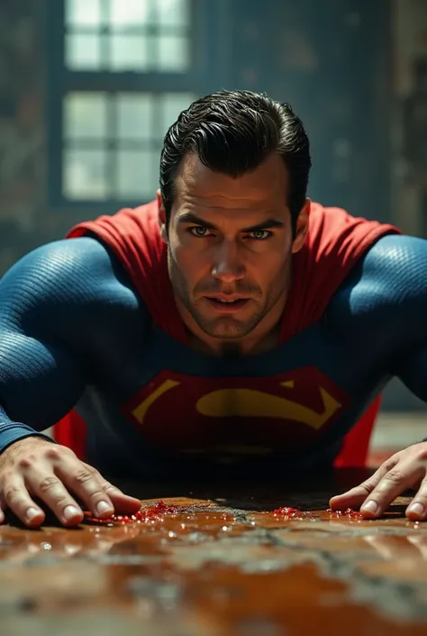 a muscular attractive man, h3nr4, henry cavill,short stubble,blue and red superhero costume,crawling on wooden floor,grimacing facial expression,suffering,pain,hurt,agony,(best quality,4k,8k,highres,masterpiece:1.2),ultra-detailed,(realistic,photorealistic...