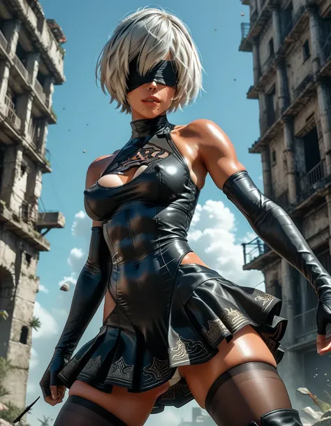 1woman, ((2B)),(Nier Automata 2B), white hair, blindfold over eyes, (ultra-detailed face), accurate face, ((black) tomboy style skirt:1.24), ((open-sided) leotard under skirt:1.39), (high side slits in skirt), sleeveless, black over-elbow gloves, opaque pa...