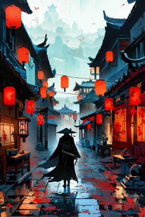  resolution concept art anime-style scene of a street with a man wearing a cape., ghost of tsushima, Japanese traditional art concept,  Dream Chinese village , antigua Chinese city, world of axe and blood, Cyberpunk Chinese Temple, 4k , Chinese city,  conc...