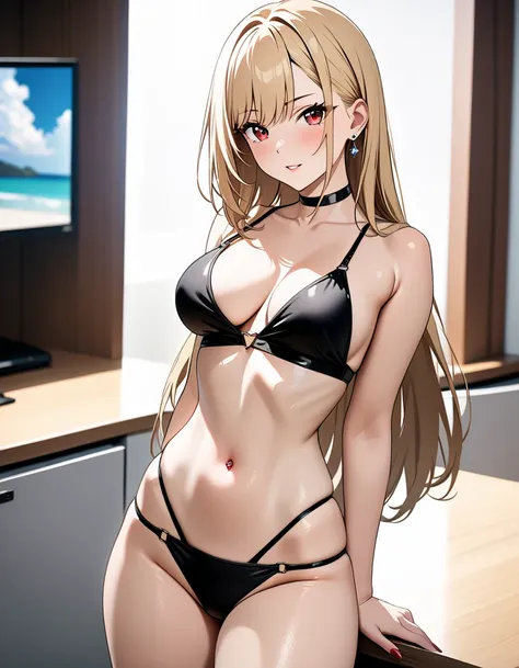  swimsuit,  high school girl,  Cowboy Shot , masterpiece:1.5, masterpiece, highest quality, Kitagawa Marin, 1girl, blonde hair, long hair, multicolored hair, red eyes, jewelry, earrings, piercing, black choker, UHD, retina, masterpiece, accurate, anatomica...