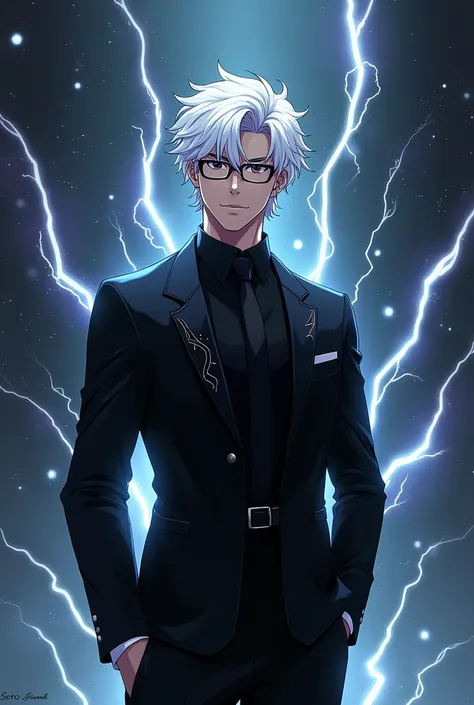 " A male character with a look inspired by Solo Leveling ,  displaying a confident and charismatic posture .  He has shiny white hair ,  styled elegantly ,  and wears simple black glasses ,  that adds an air of sophistication .  His costume is an impeccabl...