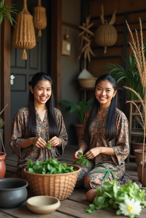 a cinematic foto of a two Indonesian women long hair tied back wearing traditional kebaya batik casual clothing, sitting on a wooden floor in a rustic room filled with cultural artifacts such as woven baskets, pottery, and dried plants. One of the individu...