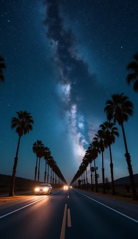  Palm Trees and Milky White Background Road Views,  Night Sky Photos ,  Palm Trees James Gurney ,  Strange Views of Stars , Astrophotography,  sigma 200 mm f 1 . 4,  night view, the sky has the milky way,  Spectacular Ultra Wide Angle  , the milky way in t...