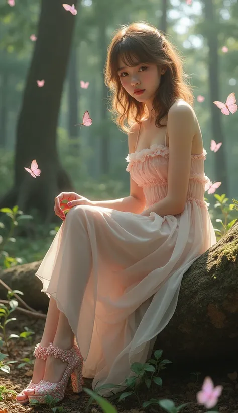 Osaki Amane, 1girl, Cup rim , Photo realistic style CG , Best Details , 8K resolution, Smooth golden brown long hair spread out with the wind ,  solo , Fallen Pine Forest Background , A large number of tailless butterflies , Smile,  glare lens ,  Gentle br...