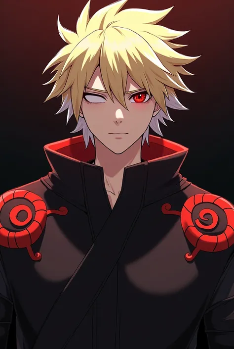 Hair like ITADORI (Jujutsu Kaisen)  but blonde hair with white highlights, one-eyed,  the remaining eye is red shape good for a   ,  simple black clothes and red carvings , He is Uchiha, At s of age and male gender (He is a man),  for Naruto RPG 