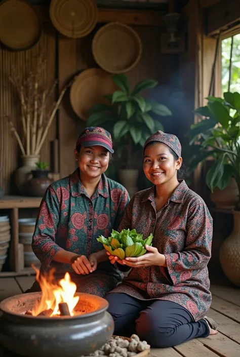 a cinematic photo of two Indonesian women wearing casual traditional batik kebaya, sitting on a wooden floor in a rustic room filled with cultural artifacts such as woven baskets, pottery and dried plants. The walls are made of woven bamboo. One of the wom...