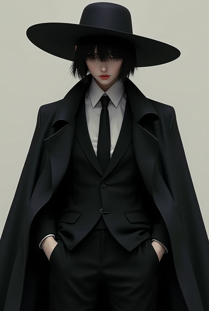 Androgynous woman who has short black hair like a boy,  suit with white shirt ,  tie and black pants ,  big hat to cover her face , big coat .  Her hands are stored in her pockets . 