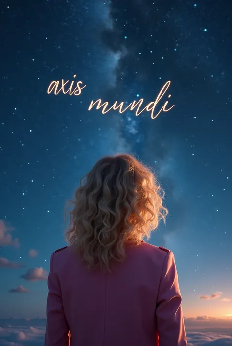 Beautiful woman at 35 years old with blonde and curly hair with pink jackets view from the back in front of sky full of stars when it write "AXIS MUNDI"