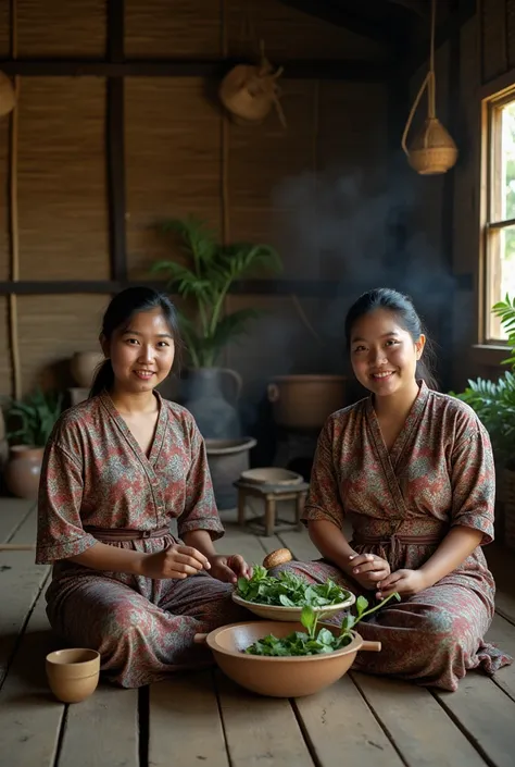 a cinematic photo of two Indonesian women long hair tied back wearing casual traditional batik kebaya, sitting on a wooden floor in a rustic room filled with cultural artifacts such as woven baskets, pottery and dried plants. The walls are made of woven ba...