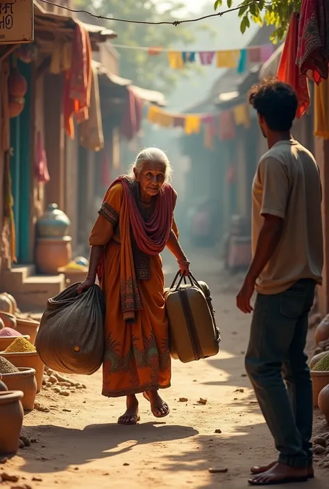 An elderly woman carrying heavy luggage through the village in front of a young man in Indian 