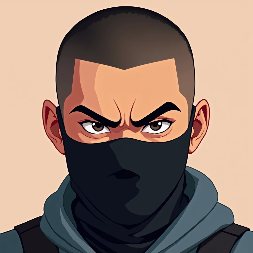 buzzcut Asian male with black half balaclava, serious look, cartoon style 