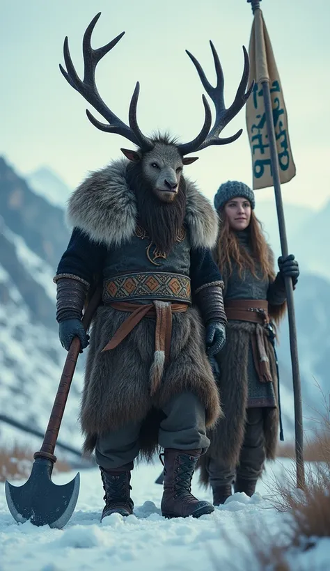 Alce viking :  Creature with imposing elk horns  ,   semi-human face and sturdy body  .   wears a decorated wool tunic and carries a giant axe. next to,   a Viking woman holding a flag with runic symbols. scenario: a snow-covered plain at dawn in Norway  .