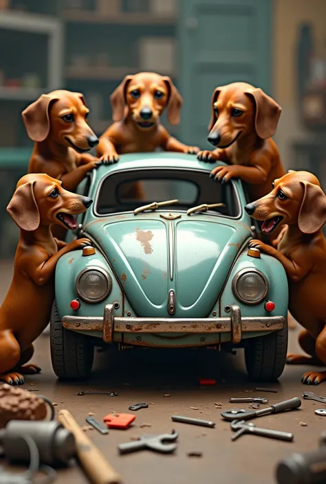 Dachshund dogs assemble volkswagen scirocco