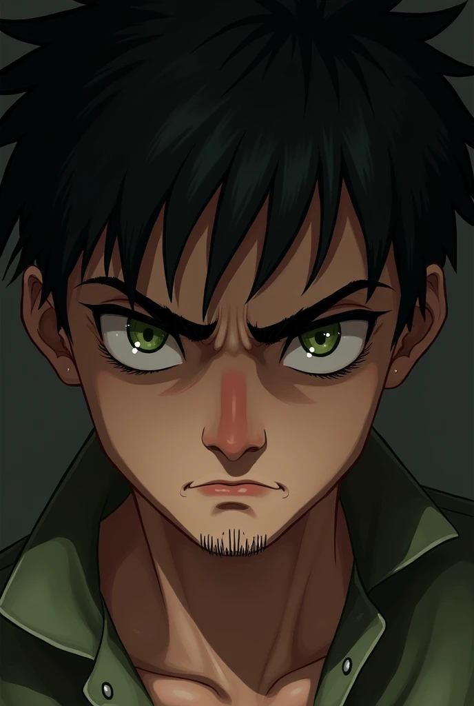 A detailed portrait of a teenage male character with piercing green eyes, slightly messy black hair, and a rugged appearance featuring a short, scruffy beard. His expression is intense and slightly angry, emphasizing a sharp gaze. He has a prominent, chara...