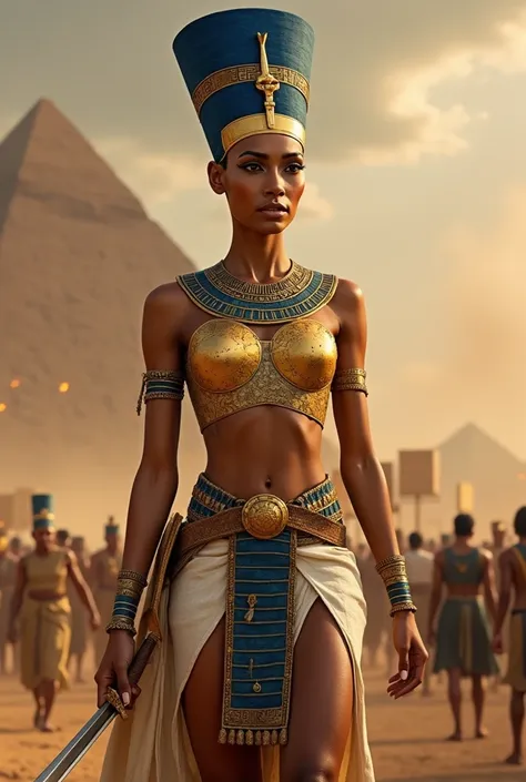 "Create a full-body image of Queen Nefertiti as both a regal and fierce warrior, blending her iconic beauty with physical strength. She has striking, symmetrical facial features with almond-shaped eyes accentuated by kohl eyeliner, a well-defined nose, ful...