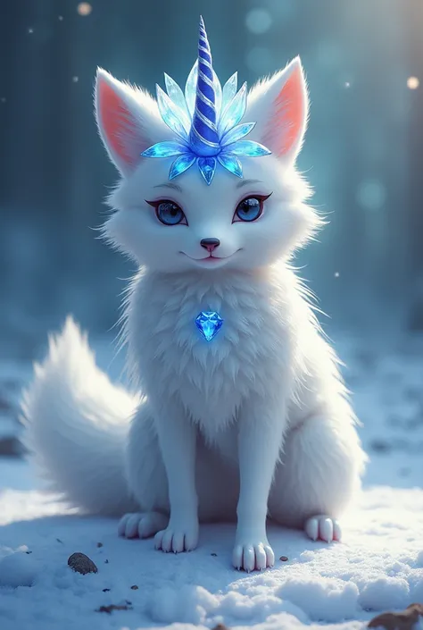 Hybrid animal of:

Arctic Fox Body 
Paradise Birds Tail
Narval Whale Horn 
Lotus flower on top of the head 
Sapphire on the chest