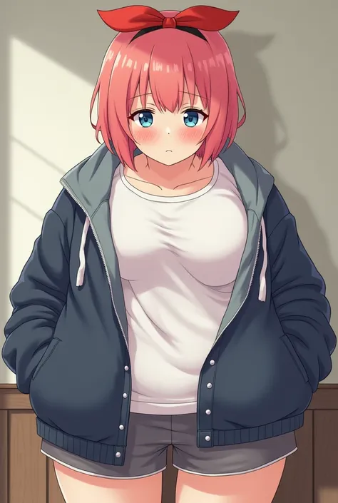 Create Sayori from Doki Doki Literature Club, a girl, red hair bow, short hair, cheerful girl, school jacket, positive girl, light blue eyes, 18 years old, coral pink hair, frontal, redesigning her as a NEET (or hikikomori) and obese fat girl