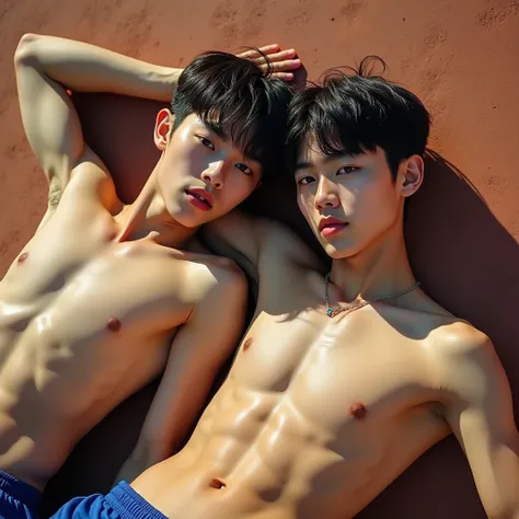 A magazine photoshoot, two 12-years old korean boy idol, must wearing shirtless showing of abs and chest. wearing wet sport short, lean fit body with 8 pack and low fat rate, colorful photo, open eyes, outstanding proffesional modeling lying back on the fi...