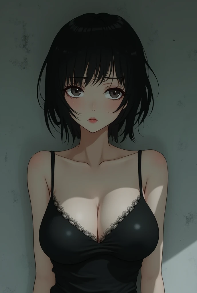 Slender anime young woman with large F-cup breasts. She has black hair cut into a shag, pale skin, and black eyes. Her down-turned eyes, prominent eyelashes and reddened lips give her a saddened appearance.