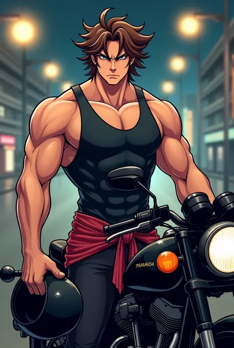 The character has medium-length, slightly messy brown hair. His muscles are well defined, highlighting strong arms and shoulders. He is wearing a sleeveless dark tank top with a reddish fabric tied around his waist. He is leaning against a black motorcycle...