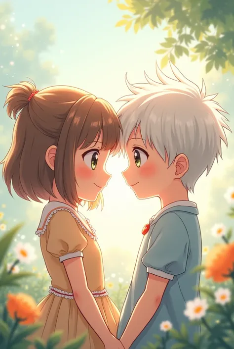 Beautiful anime girl cute and boy with white hair