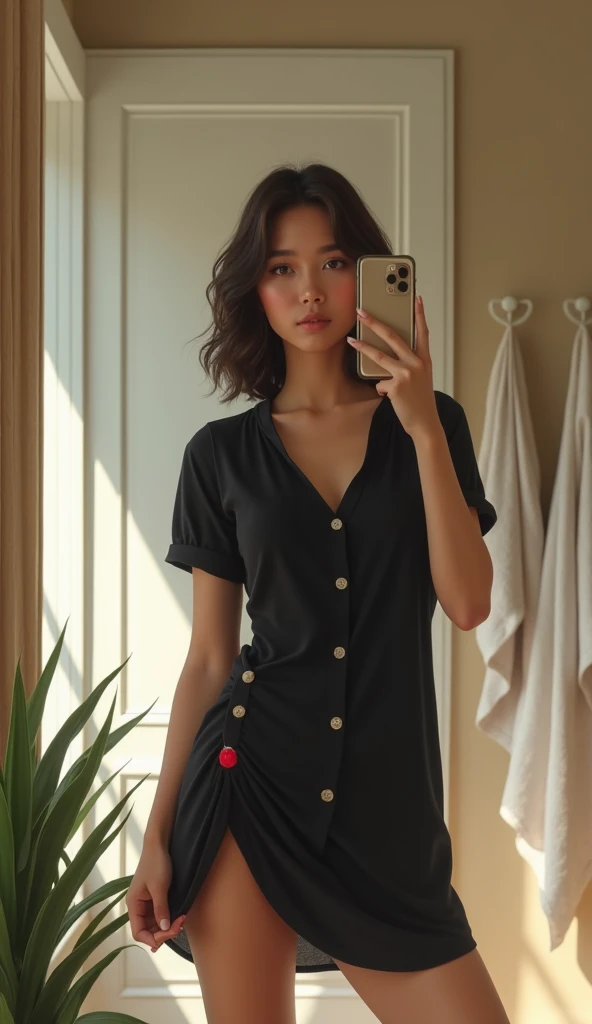 A highly realistic and detailed depiction of a young woman taking a mirror selfie in a brightly lit interior, featuring a confident yet relaxed pose. She is standing upright, holding the phone in her right hand to capture her reflection while her left hand...