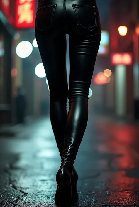 Close up woman legs, leather black jeans, black heeles boots, bottom view, city, evening, spot light, realistic photo, masterpiece