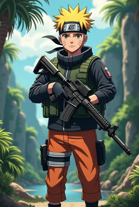 Create survival game character spelled the name Naruto on the side
Inspired by the anime Naruto but a survival game on an island and an m4 in the hand