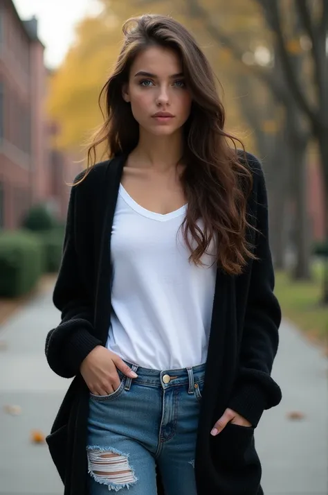 Beautiful 18 year old woman with dark blue eyes, thick chocolate brown wavy hair cascading to the middle of her back, petite athletic build, wearing ripped jeans, a white tee, and an oversized black cardigan. She is a genetics major at a prestigious univer...