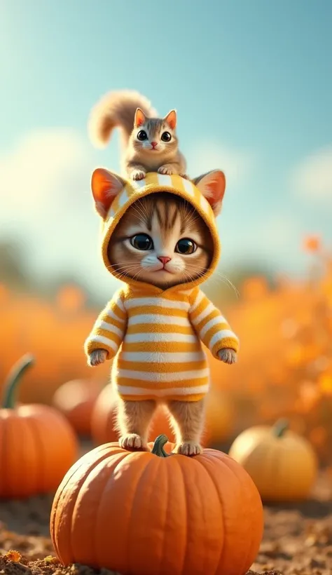 20 of the screen% on the full screen ,  a baby cat standing on a pumpkin ,  a baby cat wearing a light yellow and white striped costume,  a baby cat wearing a costume from head to foot ,  a baby cat with a squirrel on its head ,  cute baby cat standing on ...