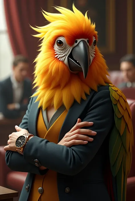 A female parrot , blonde,  with a beautiful smartwatch, wearing the outfit of a delegate ,  with a lot of money .