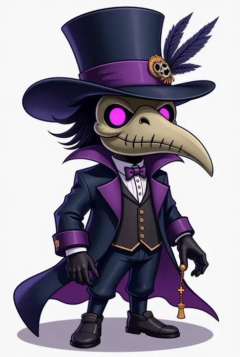 A digital art illustration of a isometric chibi-style male character inspired by classic RPG games, The character is a figure clad in dark, formal attire, including a tailored coat with purple accents. He wears a wide-brimmed top hat adorned with feathers ...