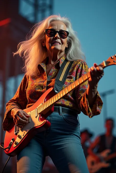  Ultra High Definition, 8K quality,　 elderly woman screaming while playing guitar in a hard rock band、７５age、Wearing sunglasses、Outdoor Concert、７０Era fashion 、bell bottom jeans 、 colorful shirt、
 cinematic lights, Evening scenery,
High resolution texture ca...