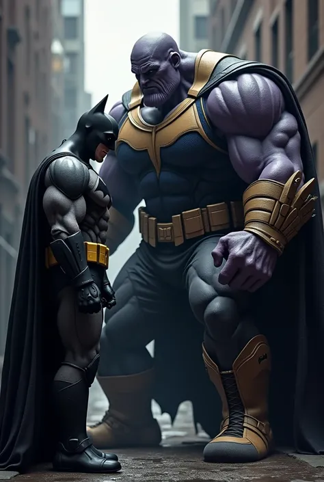 Create a prompt for an ultra-realistic full-body image of Batman staring at Thanos, Theyre both mad , Make them with their bodies looking like .